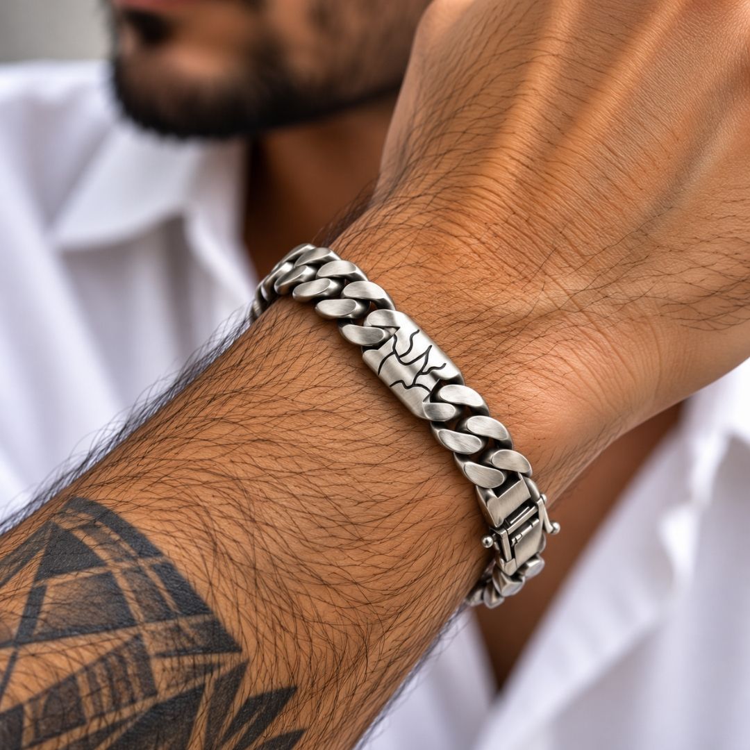 Branch Motif Curb Sterling Silver Bracelet