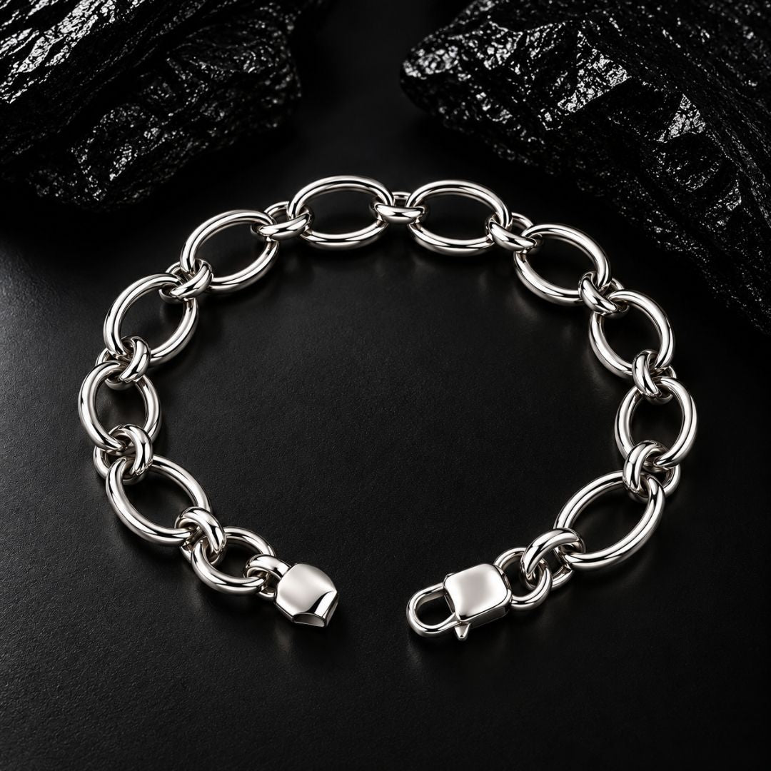 Double-Rim Oval Link Sterling Silver Bracelet