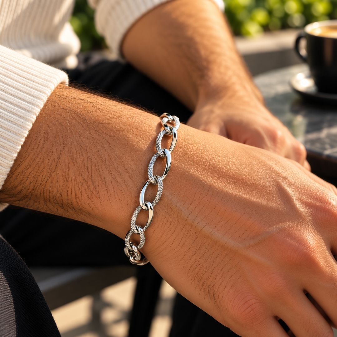 Dual Texture Oval Sterling Silver Bracelet