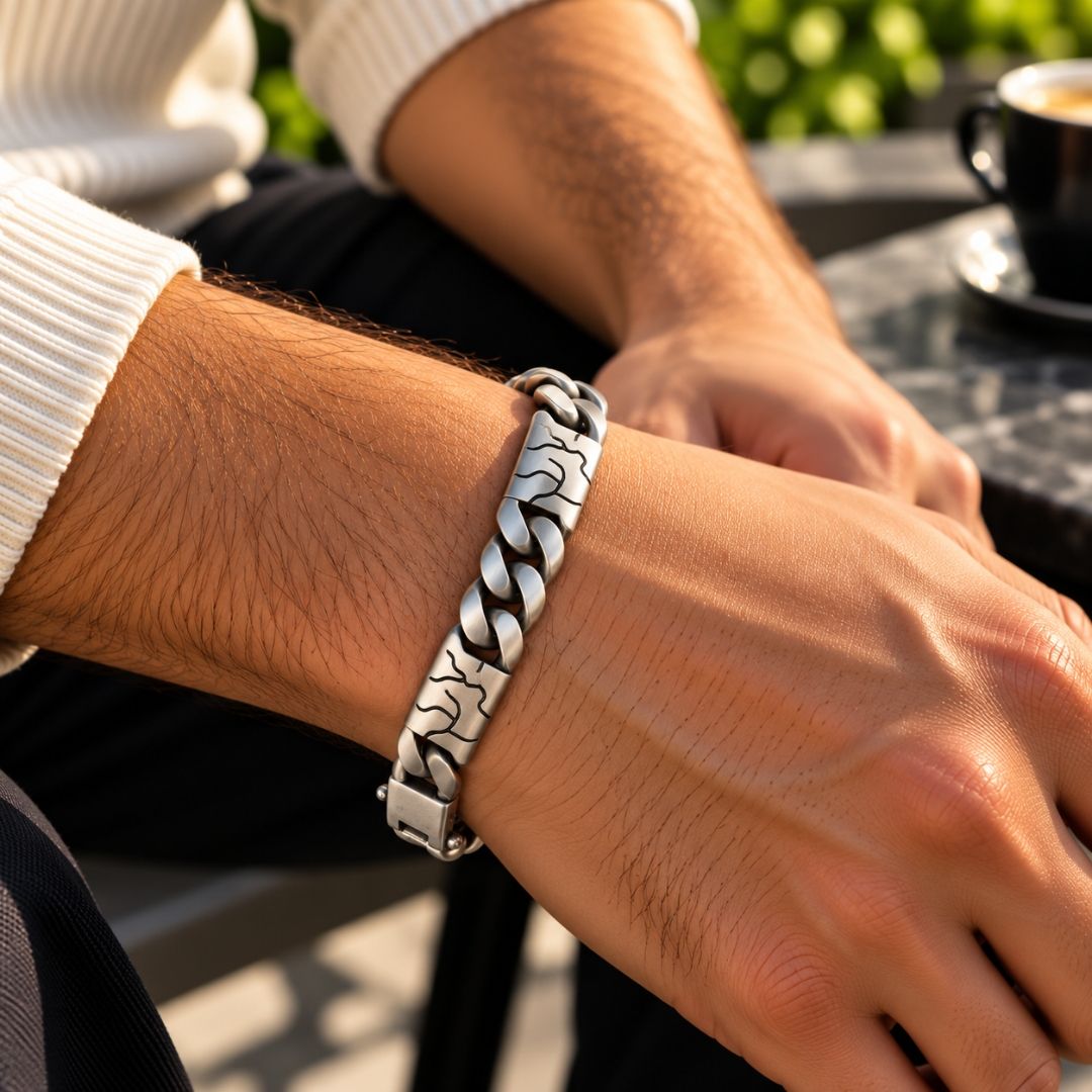 Branch Motif Curb Sterling Silver Bracelet