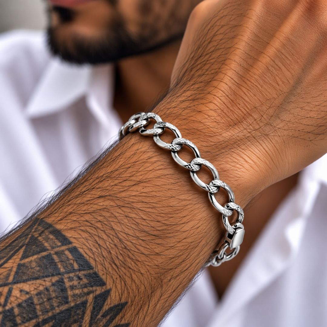 Sculpted Curb Link Sterling Silver Bracelet