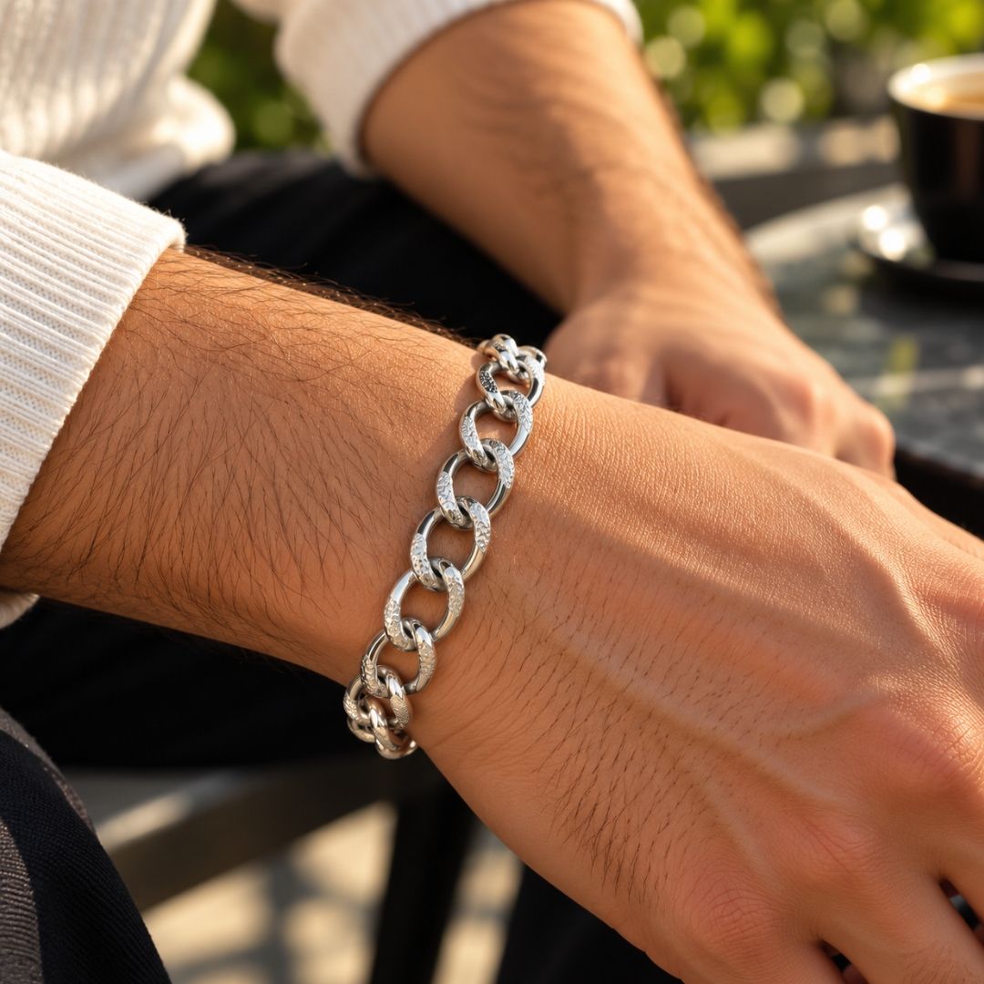 Sculpted Curb Link Sterling Silver Bracelet