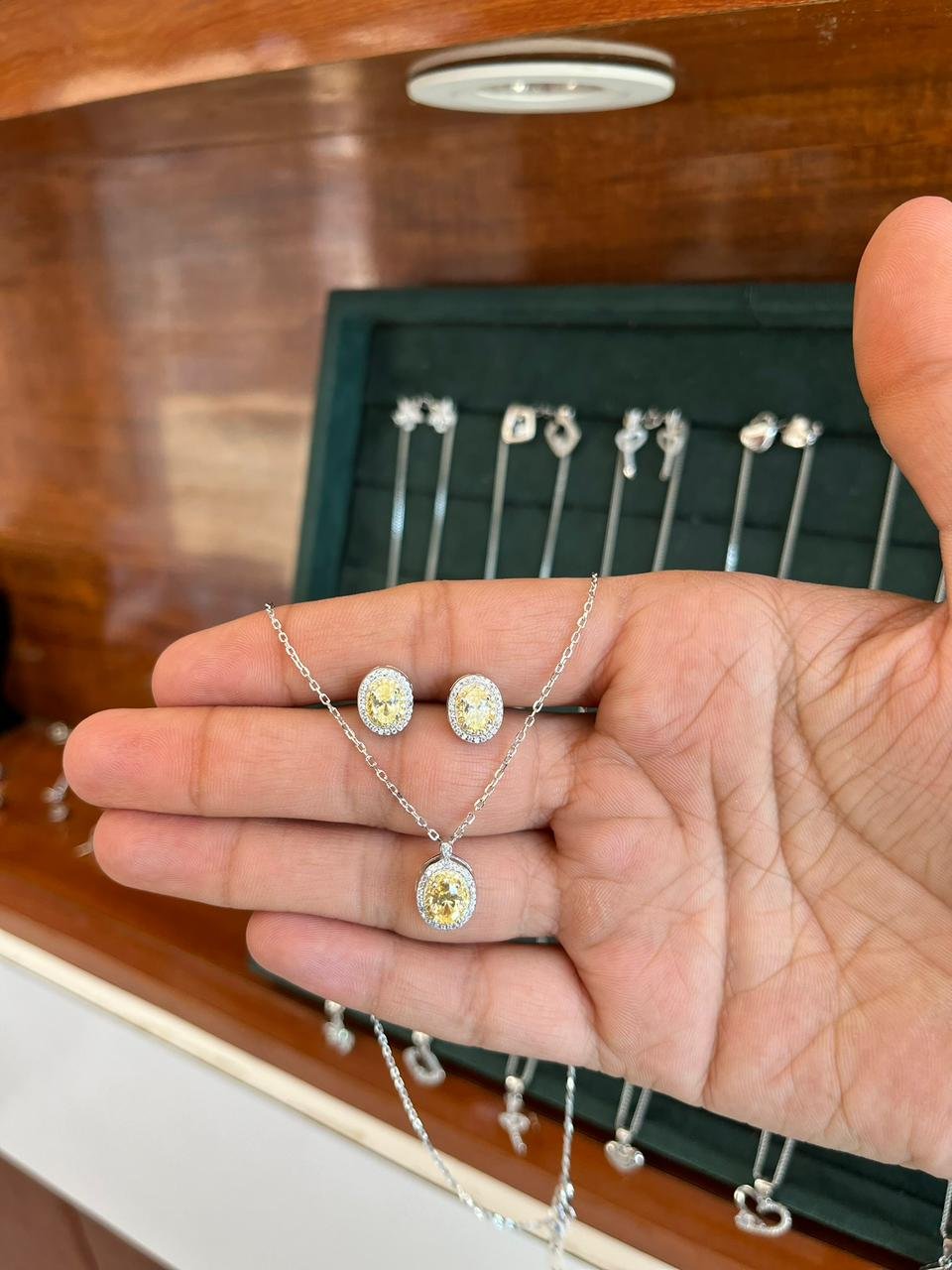 Round Yellow Studed Pendent Earring Set - Girls - 925 Silver - Mittal Jewellers