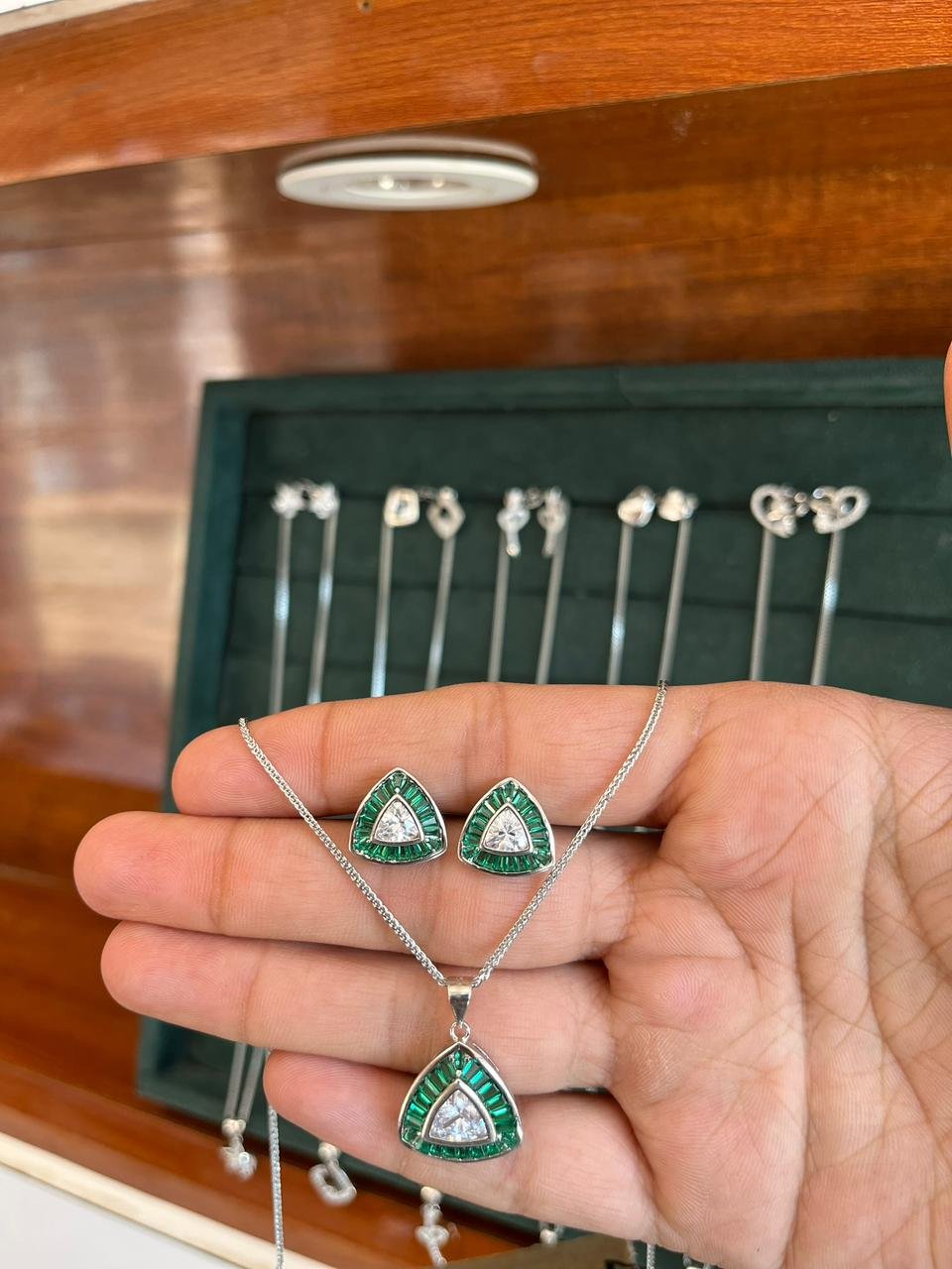 Triangle Emerald green Pendent Earring Set - Girls - 925 Silver - Mittal Jewellers