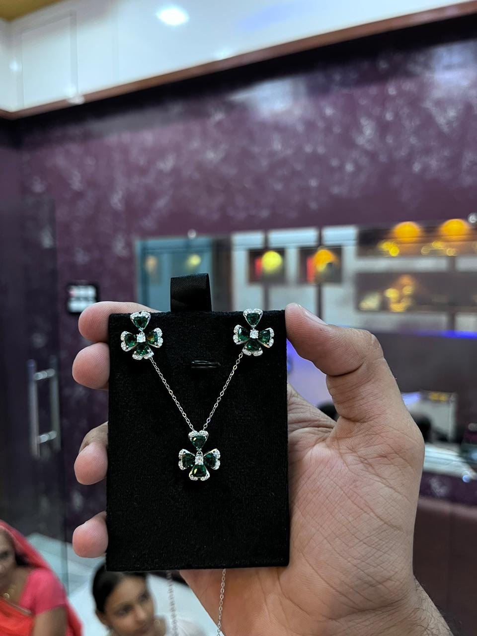 Emeral Green flower Pendent Earring Set - Girls - 925 Silver - Mittal Jewellers